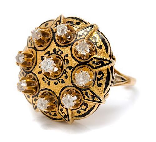 A Victorian Yellow Gold, Diamond and Enamel Cluster Ring, 10.30 dwts.