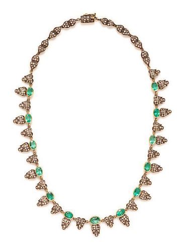 A Silver Topped 18 Karat Yellow Gold, Emerald and Diamond Fringe Necklace, 23.90 dwts.