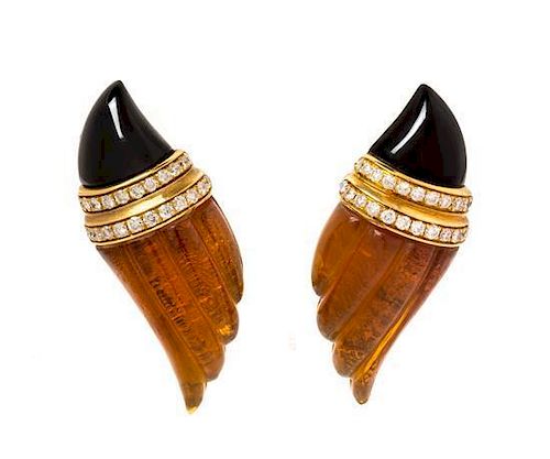 A Pair of 18 Karat Yellow Gold, Diamond, Onyx and Carved Citrine Earclips, Italian, 25.80 dwts.