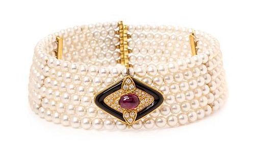 A Yellow Gold, Ruby, Diamond, Onyx and Cultured Pearl Choker, 94.30 dwts.
