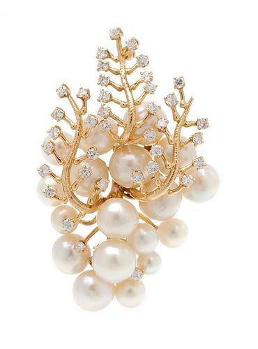 A Yellow Gold, Cultured Baroque Pearl and Diamond Grape Cluster Motif Brooch, 20.80 dwts.