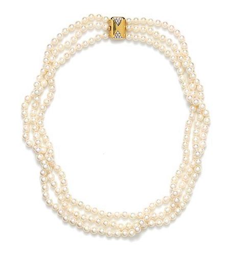An 18 Karat Yellow Gold, Diamond and Multistrand Cultured Pearl Necklace, Chaumet, 33.80 dwts.