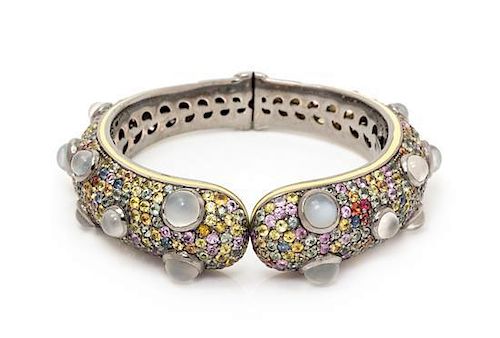 * A Black Rhodium Sterling Silver, Moonstone, Multicolored Sapphire and Enamel Hinged Bangle Bracelet, Rina Limor, 47.60 dwts