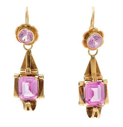 A Pair of Antique Yellow Gold and Synthetic Pink Sapphire Pendant Earrings, 6.80 dwts.