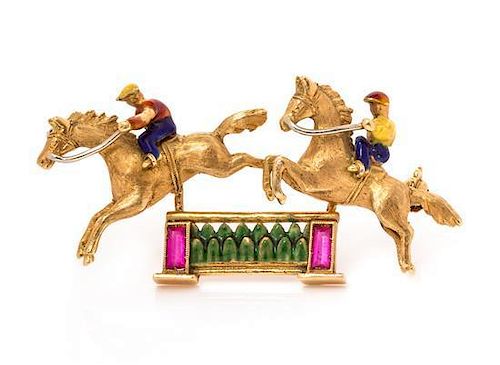 A Yellow Gold and Polychrome Enamel Horse Jumping Brooch, 6.40 dwts.