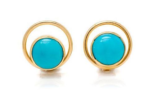 * A Pair of 18 Karat Yellow Gold and Turquoise Earclips, 5.90 dwts.