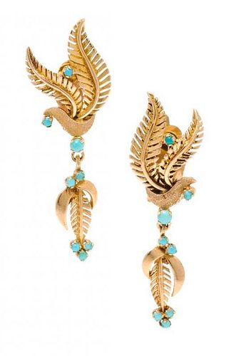 A Pair of 18 Karat Yellow Gold and Turquoise Leaf Motif Dangle Earrings, 5.70 dwts.