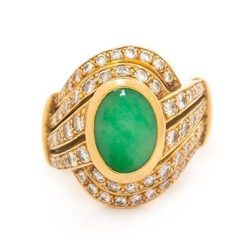 An 18 Karat Yellow Gold, Jade and Diamond Ring, 10.70 dwts.