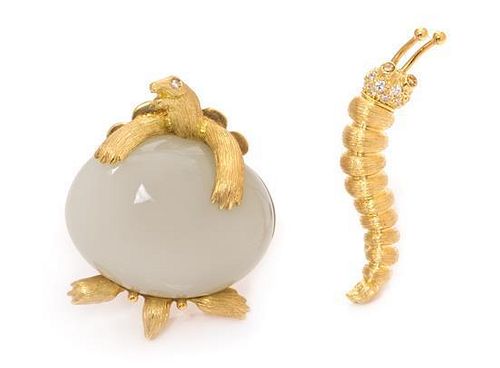 * A Collection of 18 Karat Yellow Gold, Platinum, Diamond, and Moonstone Brooches, Henry Dunay, 19.10 dwts.