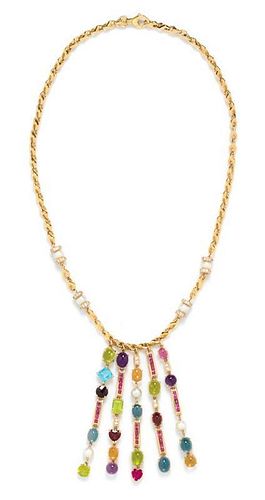 A Yellow Gold and Multigem Fringe Necklace, 51.40 dwts.