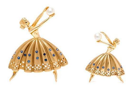 A Pair of Yellow Gold, Sapphire and Cultured Pearl Ballerina Brooches, 18.40 dwts.
