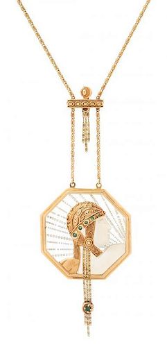 A 14 Karat Yellow Gold, Emerald and Crystal 'Wings of Victory' Pendant Necklace, Erte, 17.40 dwts.