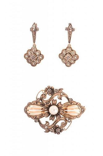 * A Collection of Silver Topped Rose Gold, Diamond and Cultured Pearl Jewelry, Portugese, 10.40 dwts.