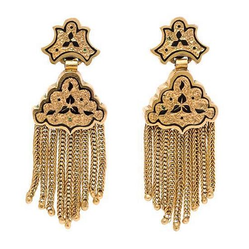 A Pair of Yellow Gold and Enamel Tassel Earclips, 6.80 dwts.