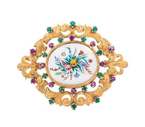 * A 14 Karat Yellow Gold, Emerald, Ruby and Painted Porcelain Brooch, 8.90 dwts.