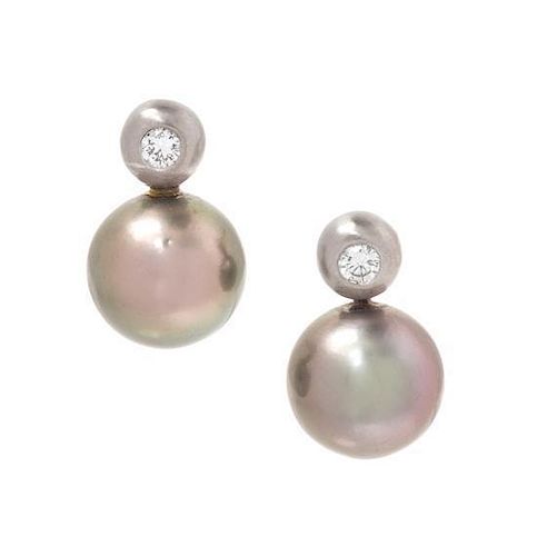 A Pair of 18 Karat White Gold, Cultured Tahitian Pearl and Diamond Earrings, 3.80 dwts.