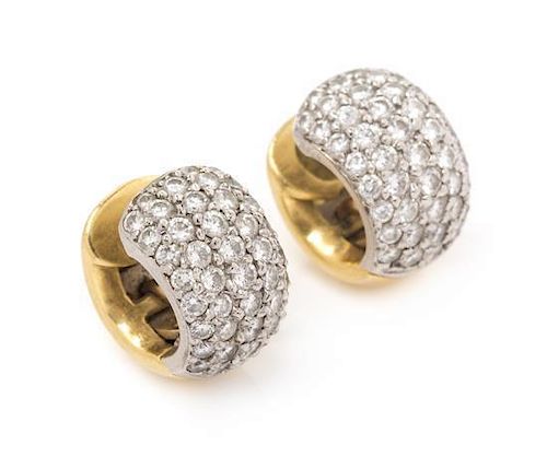 A Pair of Platinum, 18 Karat Yellow Gold and Diamond Hoop Earrings, 7.50 dwts.