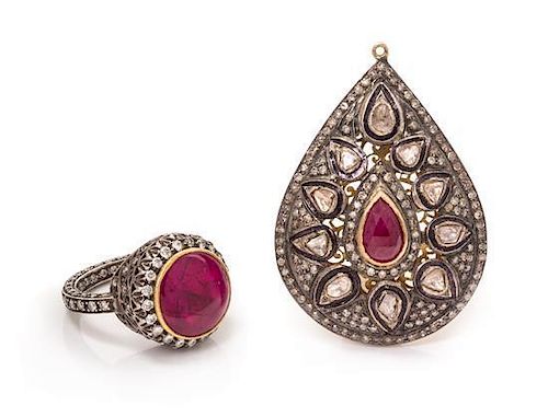 A Collection of Gilt Silver, Diamond and Ruby Jewelry, 7.10 dwts.
