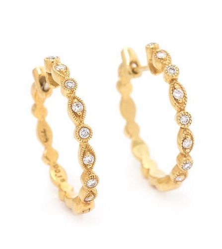 A Pair of 18 Karat Yellow Gold and Diamond Hoop Earrings, 2.60 dwts.