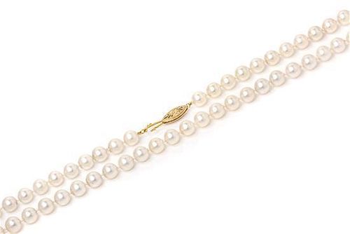 A Single Strand Yellow Gold and Cultured Pearl Necklace,