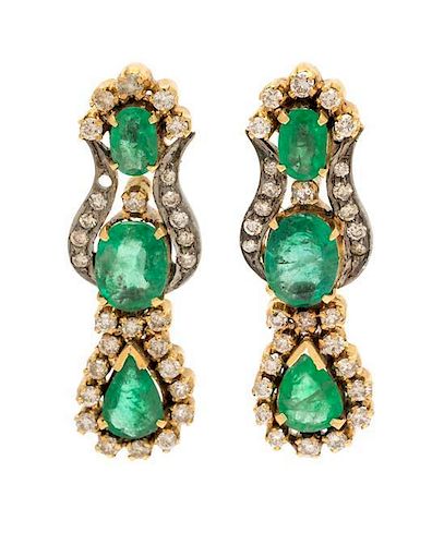 A Pair of Bicolor Gold, Emerald and Diamond Earrings, 9.50 dwts.