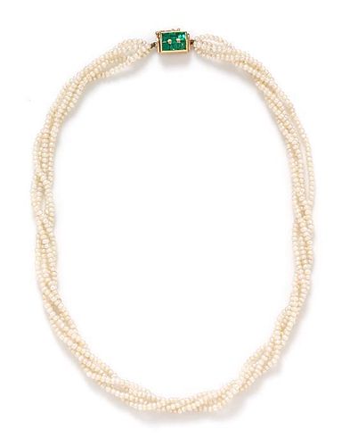 A 14 Karat Yellow Gold, Emerald and Seed Pearl Multistrand Torsade Necklace, Austrian,
