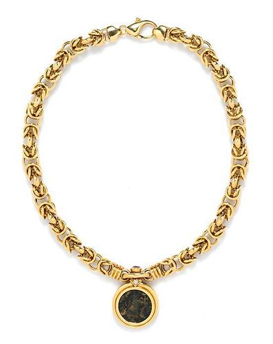 * An 18 Karat Yellow Gold, Diamond, Ruby and Ancient Coin Necklace, Italian, 36.80 dwts.
