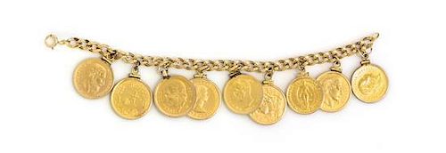 A 14 Karat Yellow Gold Bracelet with 9 Attached Coin Charms, 50.40 dwts