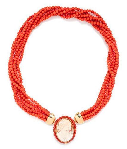 An 18 Karat Yellow Gold, Coral and Shell Cameo Convertible Pendant/Brooch Torsade Necklace,