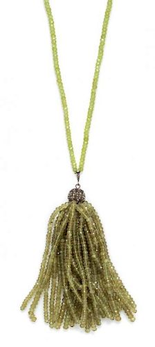 A Sterling Silver, Diamond and Peridot Beaded Tassle Necklace, 54.40 dwts.