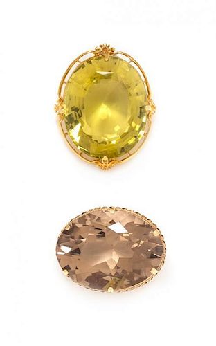 * A Collection of 14 Karat Yellow Gold and Quartz Brooches, 48.30 dwts.