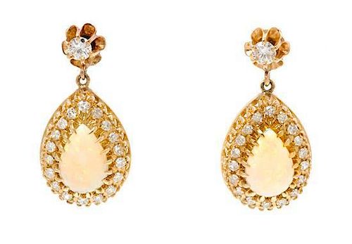 A Pair of Yellow Gold, Opal and Diamond Drop Earrings, 5.50 dwts.
