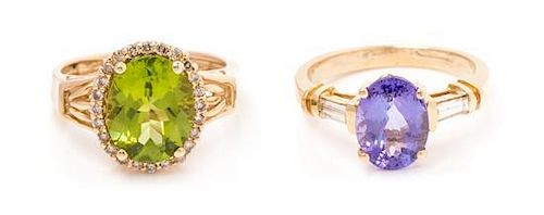 A Collection of 14 Karat Yellow Gold, Gemstone and Diamond Rings, 5.60 dwts.