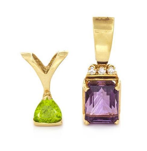 A Collection of Yellow Gold, Peridot, Amethyst and Diamond Pendants, 4.10 dwts.