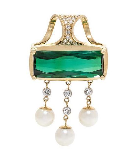 A Yellow Gold, Green Tourmaline, Diamond and Cultured Pearl Pendant, 11.10 dwts.