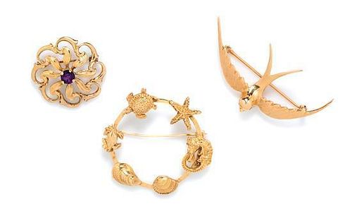 A Collection of Yellow Gold Brooches, 13.70 dwts.