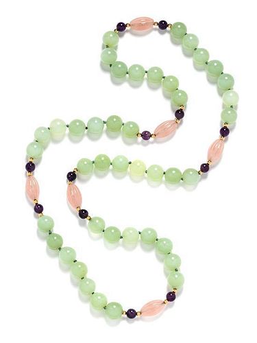 A Yellow Gold, Jade, Rose Quartz and Amethyst Beaded Necklace, 122.90 dwts.