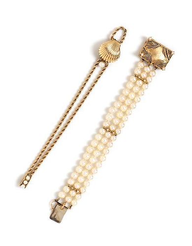 A Collection of 14 Karat Yellow Gold and Cultured Pearl Bracelets, 43.40 dwts.