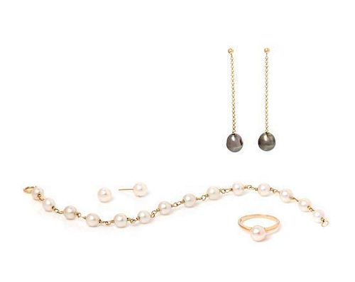 * A Collection of 14 Karat Yellow Gold and Cultured Pearl Jewelry,