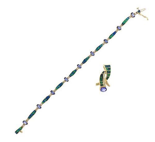 14K Gold Diamond Opal Tanzanite Inlay Bracelet Pendant Set