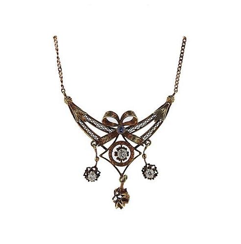 Antique 14k Gold Diamond Lavalier Necklace