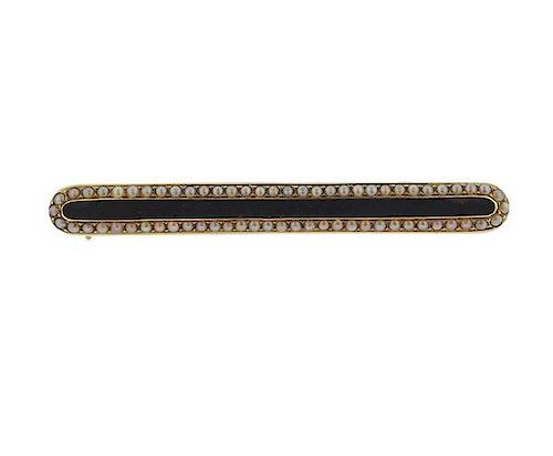 Antique 14k Gold Black Stone Seed Pearl Bar Brooch