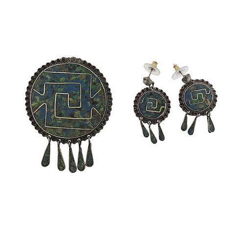 Taxco Mexican Sterling Earrings Brooch Pendant Set