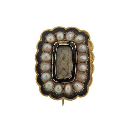 Antique 18k Gold Pearl Mourning Brooch Hair Locket