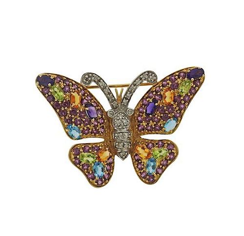 14K Gold Diamond Multi Color Stone Butterfly Brooch