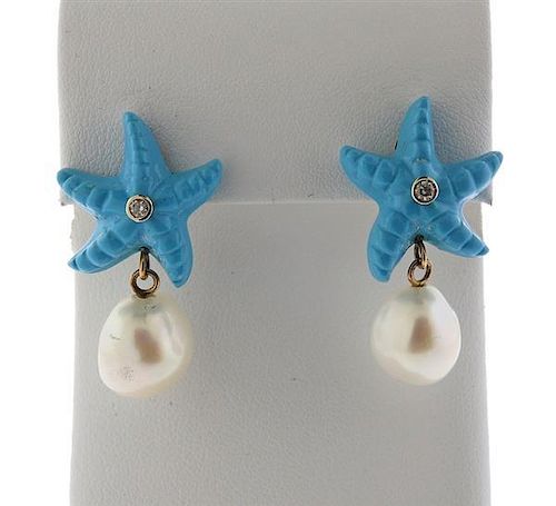 14K Gold Diamond Pearl Turquoise Starfish Earrings