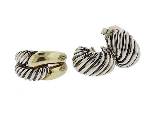 David Yurman Silver 14k Gold Cable Earrings Ring Lot
