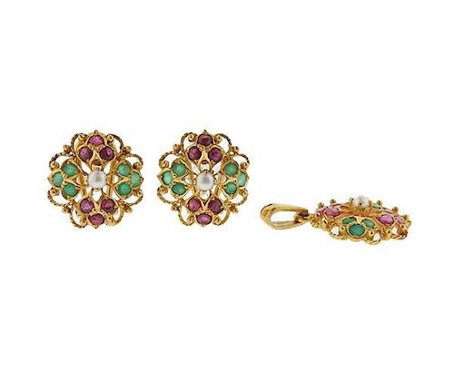 22k Gold Pearl Emerald Ruby Earrings Pendant Lot