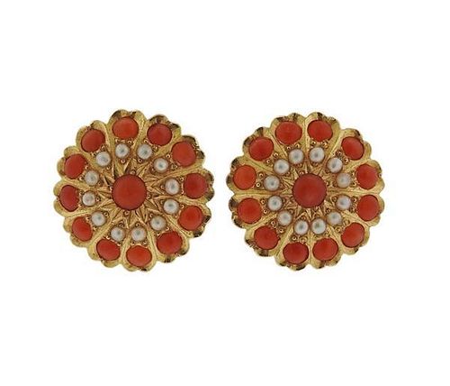 18k Gold Pearl Coral Earrings