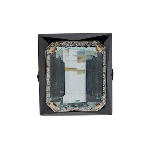 18k Gold Diamond Onyx 24.5ct Aquamarine Ring